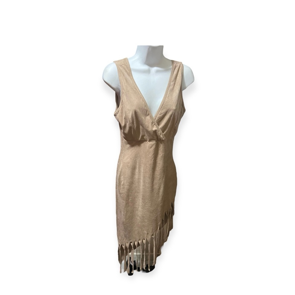 Sexy Tan plunging fringe dress